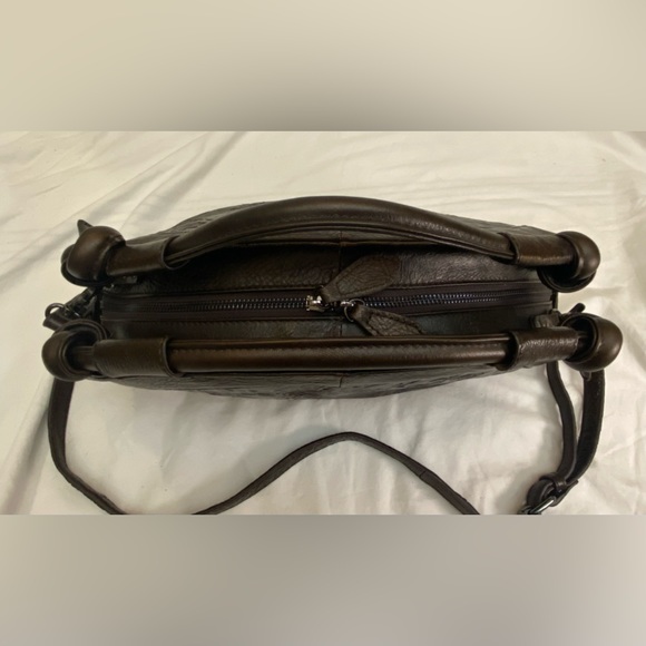 Retro Tooled Coffee Brown Leather Cowhide Two-Way Handbag Adjustable Strap EUC - Picture 11 of 16